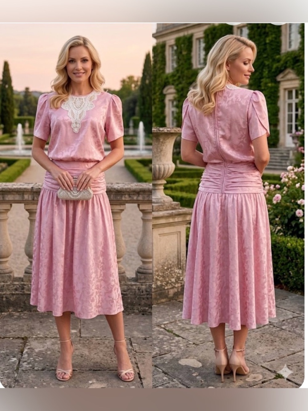 Vintage .Elegant Pink Lace-Detail Midi Dress